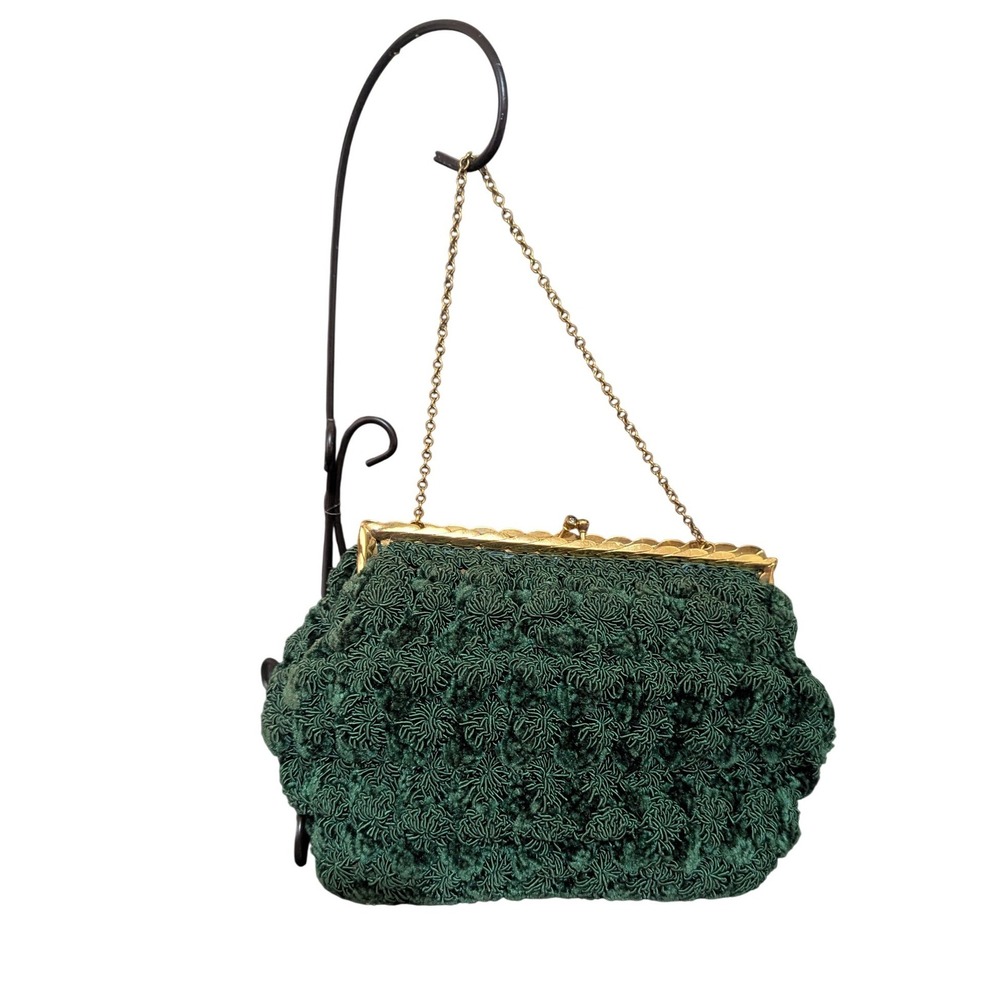 Vintage Emerald Green Pom-Pom Cordé Tapestry Handbag‎ Gold Frame